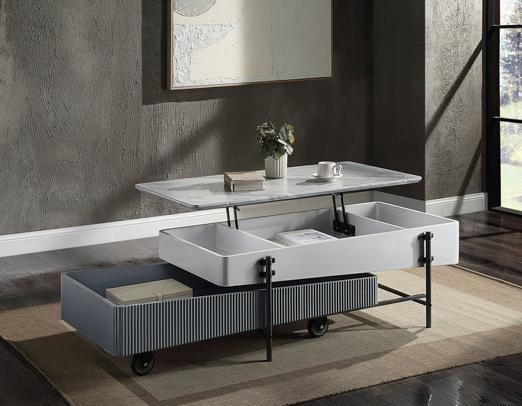 HouseOfZazla Wilkins lift top coffee table in gray white high gloss finish with metal legs and built-in storage.