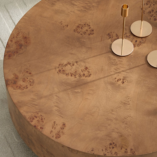 Walnut burl wood veneer round coffee table with pedestal base, 31.49 inches, by HouseOfZazla.