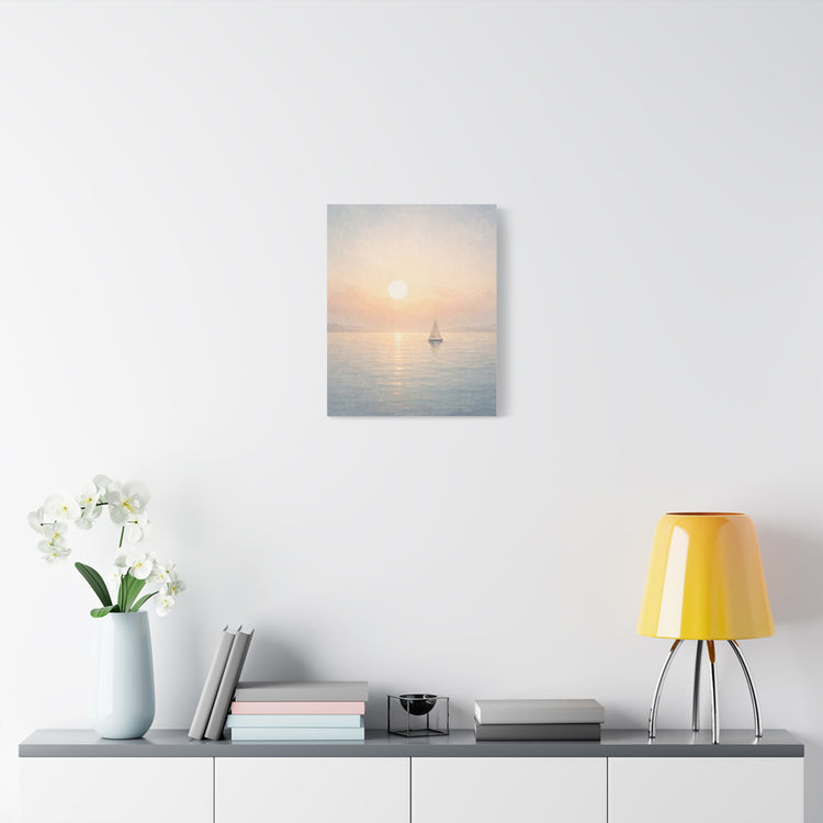 Canvas wall art of a sailboat sunrise coastal seascape, neutral beach decor print by Printify