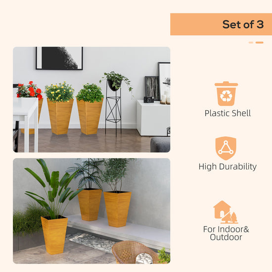 Set of three 28-inch outdoor garden planters by Gallery La La with faux wood finish and drainage holes for patio or garden use.