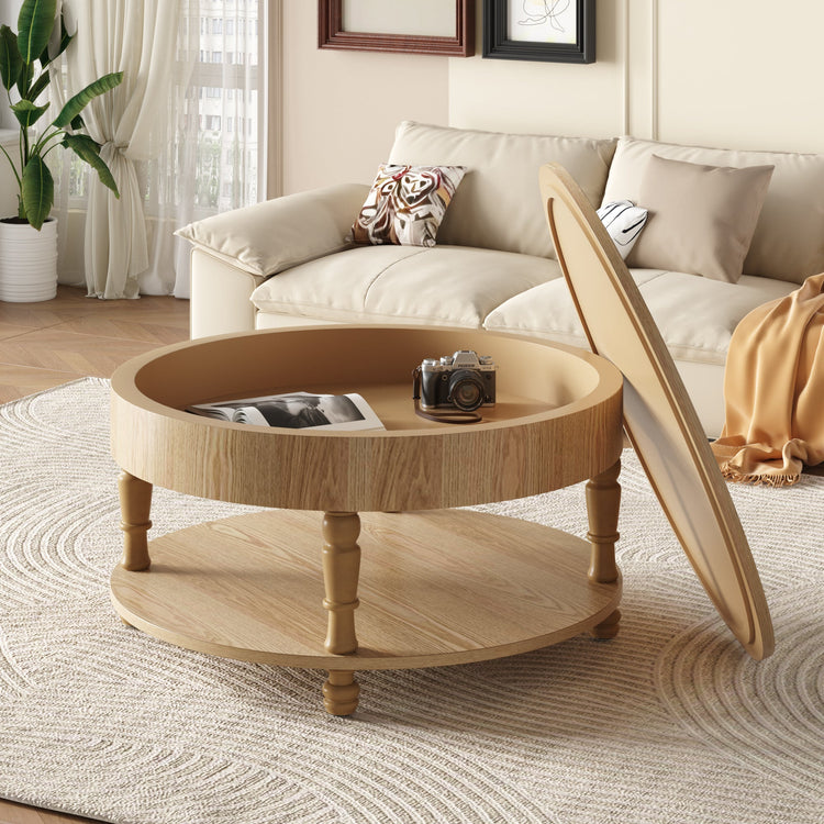 HouseOfZazla round coffee table with lift-top dual storage, made of wood, featuring a modern design for living room decor.