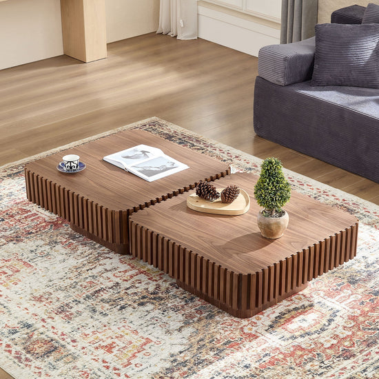 Walnut drum coffee table by HouseOfZazla with a modern round pedestal design and smooth wooden surface.
