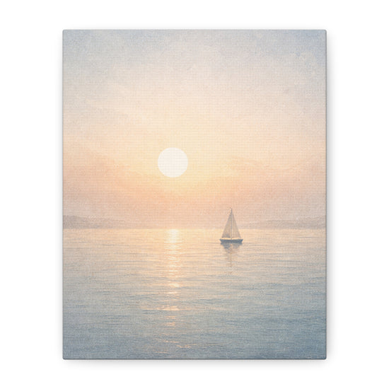 Sailboat sunrise coastal canvas wall art with neutral beach seascape print, featuring a serene maritime scene for coastal decor.