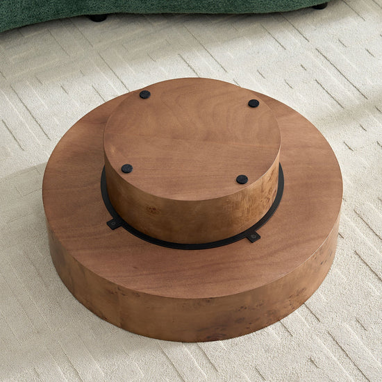 Burl wood veneer round coffee table with walnut pedestal base, 31.49 inches, by HouseOfZazla.