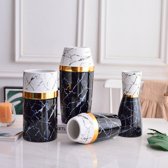 Modern ceramic vase with marbled gold finish, simple and elegant light luxury style designed by FLIPSTYLEZLLC.