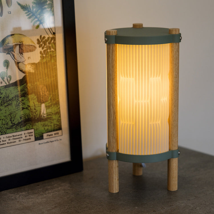 Terra Labs Toro table lamp with a modern design, featuring a sleek base and a cylindrical fabric shade on a wooden surface.
