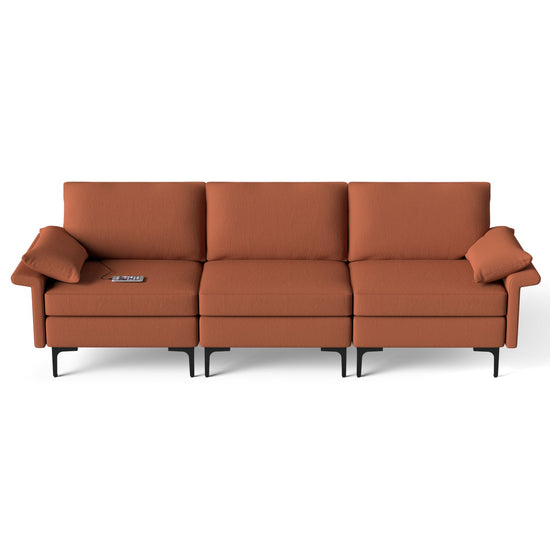 Large linen fabric 3-seat modular sofa sectional with metal legs, high-density cushions, and built-in USB ports.