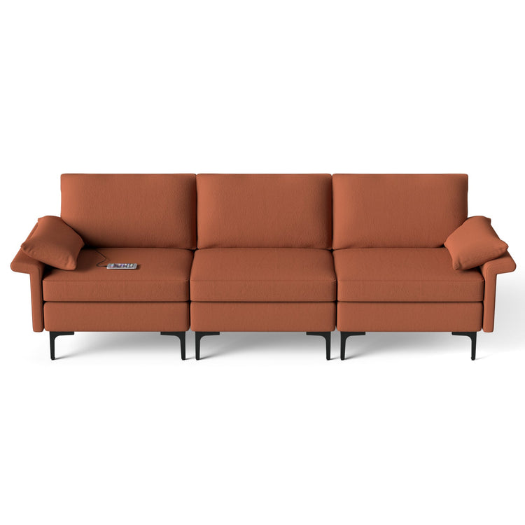 Large linen fabric 3-seat modular sofa sectional with metal legs, high-density cushions, and built-in USB ports.