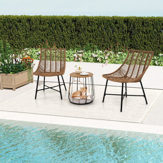 Three-piece outdoor rattan patio furniture set with two accent chairs and a side table in brown, perfect for outdoor relaxation.