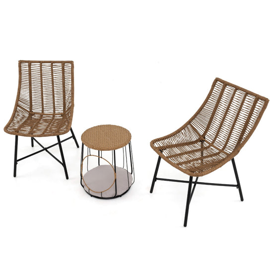 Three-piece outdoor rattan patio furniture set with accent chairs and side table in brown, perfect for outdoor relaxation.