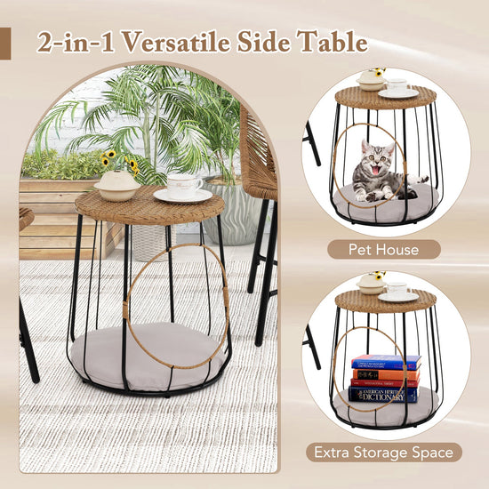 Three-piece outdoor rattan accent chair set with side table, featuring brown woven design for patio or garden use.