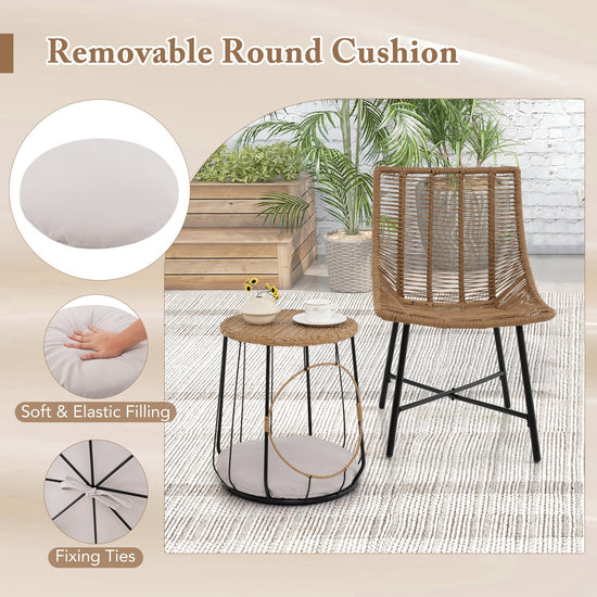 Three-piece outdoor rattan patio furniture set with brown chairs and matching side table for cozy outdoor seating.