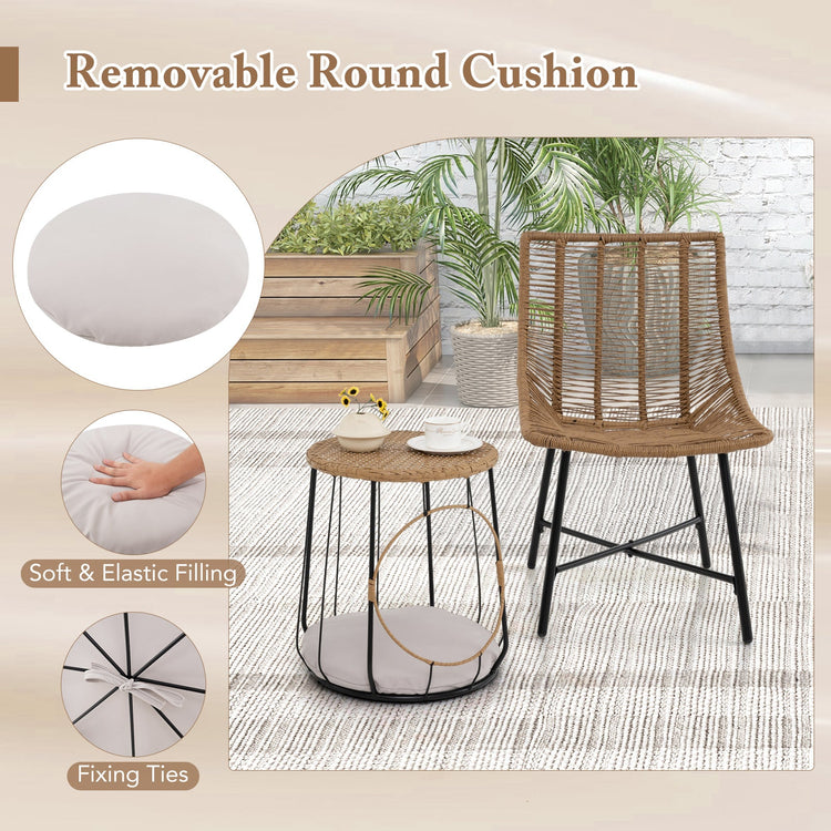 Three-piece outdoor rattan patio furniture set with brown chairs and matching side table for cozy outdoor seating.