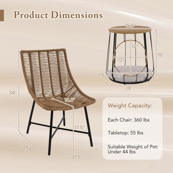 Three-piece outdoor rattan patio furniture set with chairs and side table in brown, perfect for outdoor relaxation.