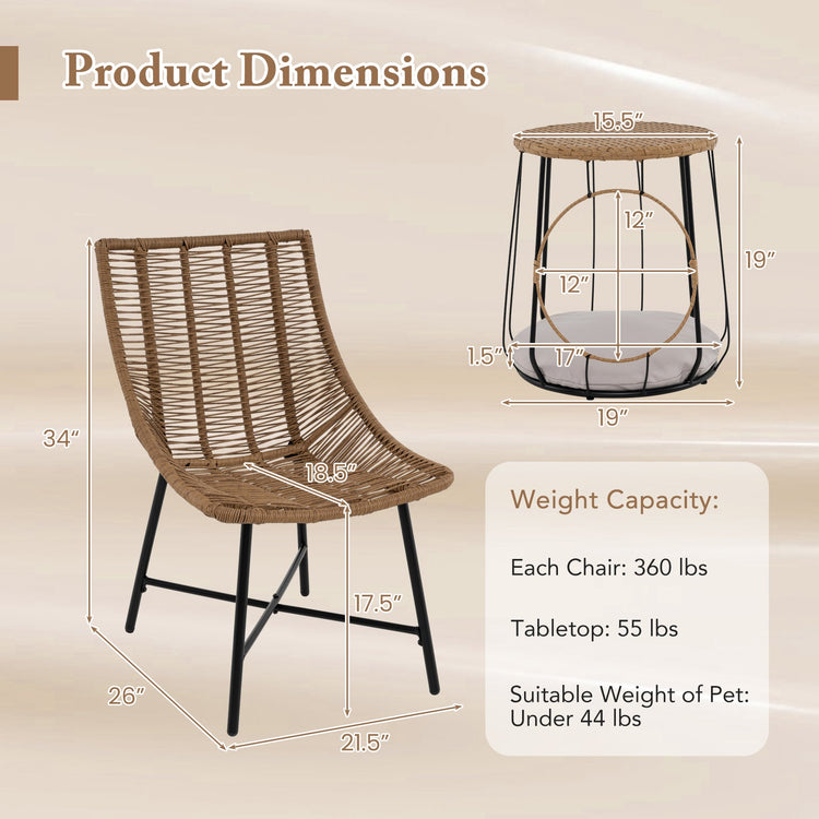 Three-piece outdoor rattan patio furniture set with chairs and side table in brown, perfect for outdoor relaxation.