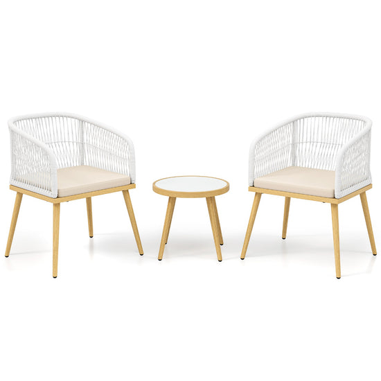 White outdoor wicker 3-piece furniture set with compact patio seating, including two chairs and a small table for outdoor relaxation.