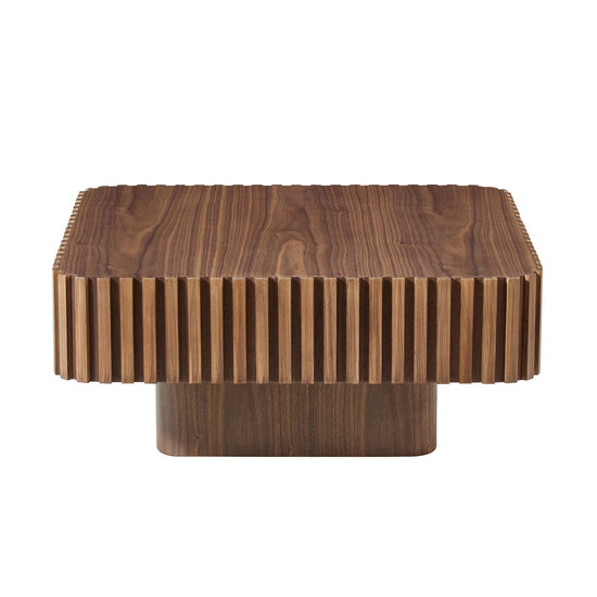 Modern 31.5-inch walnut drum coffee table with round pedestal base, sleek and stylish for contemporary living spaces.