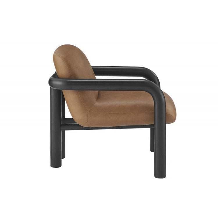 Modern faux leather accent chair with brown upholstery and black wood frame, stylish armchair from Gallery La La.