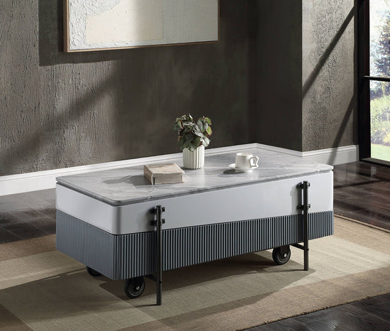 Gray and white high gloss Wilkins lift top coffee table with metal legs and storage space, by HouseOfZazla.