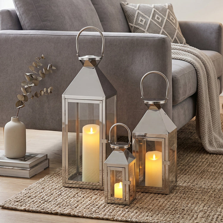 Candle Lantern Set of 3 — Iron and Tempered Glass Lanterns, 26", 19", 13"