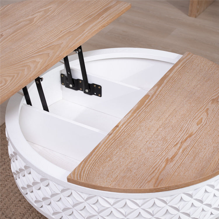 HouseOfZazla boho farmhouse round lift-top coffee table with storage, featuring a natural wood finish and stylish design.