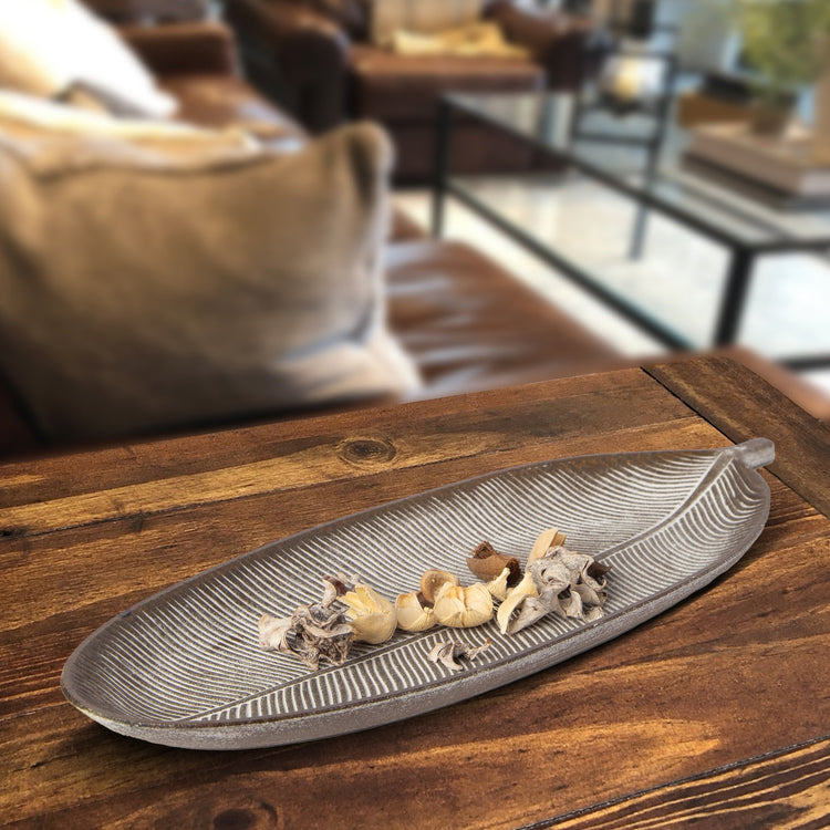 Brown leaf design wood tray by Porto Boutique, decorative MDF tray for home decor and event serving.