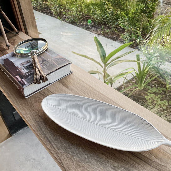 Brown leaf design wood tray by Porto Boutique, decorative MDF tray for home decor and events, featuring elegant natural leaf patterns.