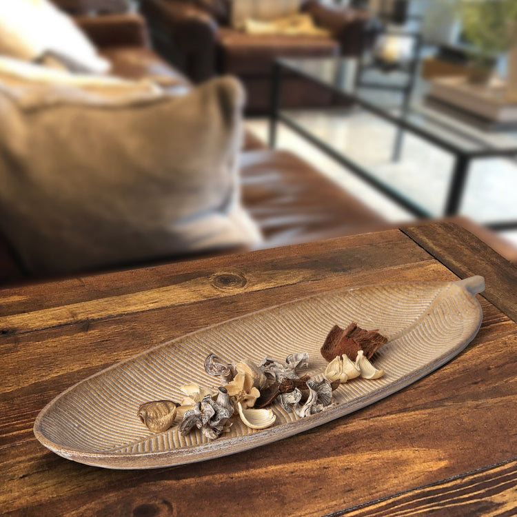 Natural wood tray with leaf design from Porto Boutique, decorative MDF tray for home decor and events.