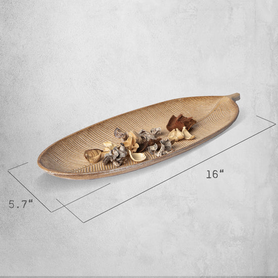 Natural wood tray with leaf design by Porto Boutique, decorative MDF tray for home decor and event use.