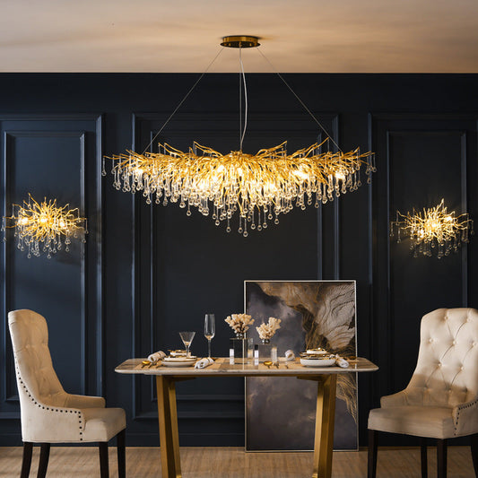Decorbites luxury chandelier with water drop crystals, modern light fixture for elegant ambiance and sophisticated decor.