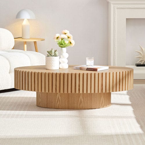 Modern Handcrafted Drum Coffee Table – Oval Ash Grain Pedestal Design for Stylish Living - Modern Home & Kitchen