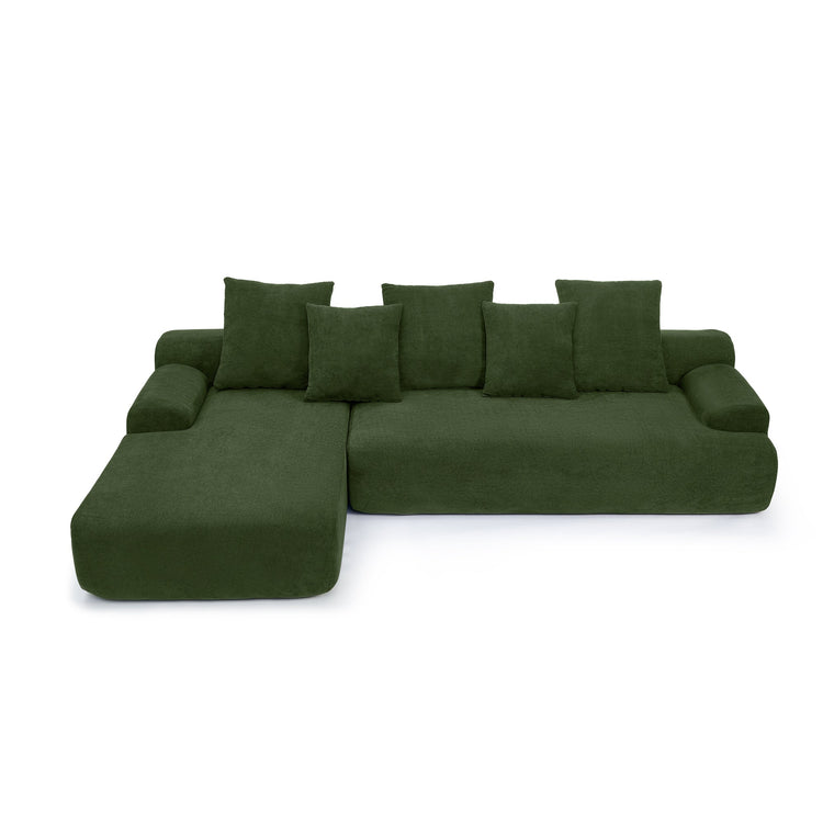 Green velvet L-shaped sectional sofa by HouseOfZazla, modern modular couch with plush fabric and spacious seating.