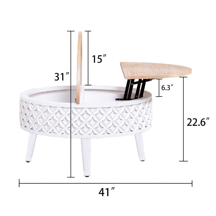 Boho farmhouse round lift-top coffee table with storage from HouseOfZazla, featuring a natural wood finish and stylish design.