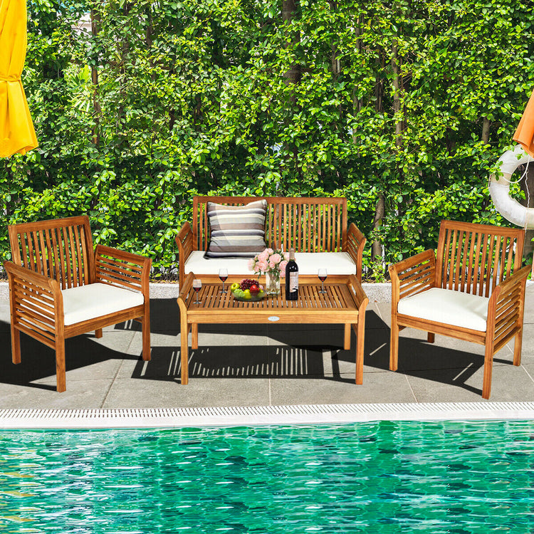 Outdoor furniture set of 4 with modular acacia wood patio seating, featuring modern design and sturdy wooden construction.