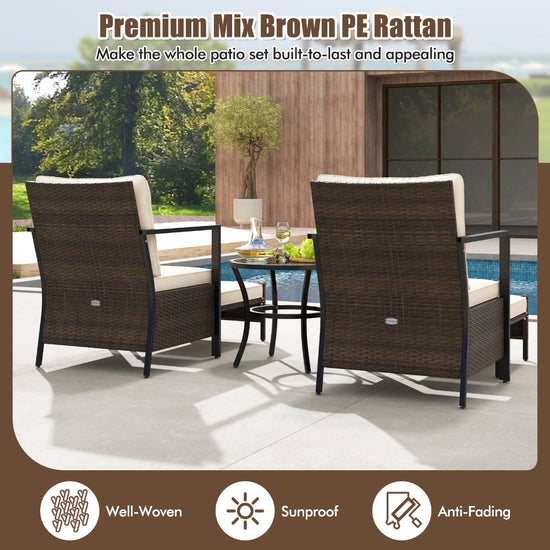 Four-piece white wicker outdoor chair set with glass-topped coffee table, perfect for patio seating and outdoor relaxation.