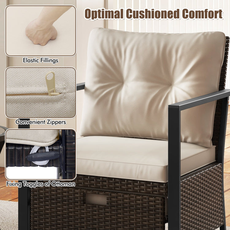 White wicker outdoor chair set with four seats and glass-topped coffee table, perfect for patio seating and outdoor relaxation.