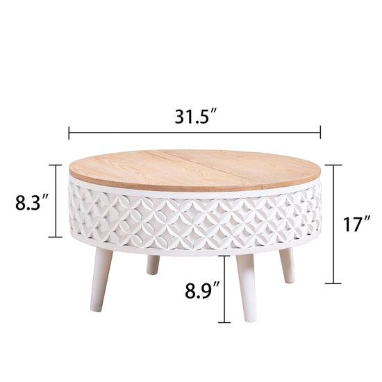 Boho farmhouse round coffee table with lift-top storage from HouseOfZazla, featuring a natural wood finish and stylish design.