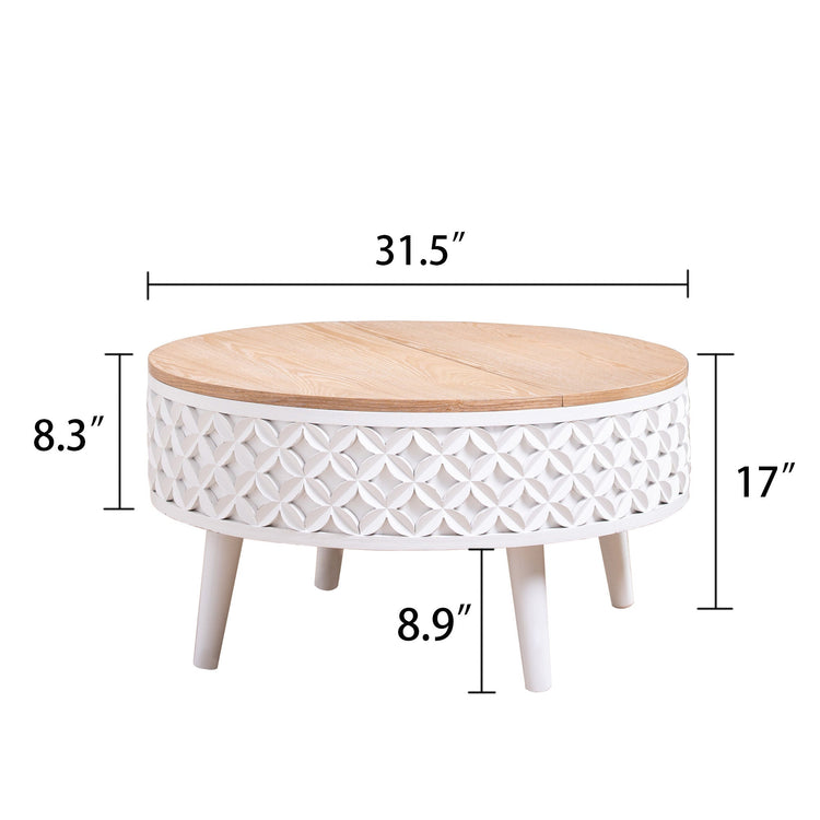 Boho farmhouse round coffee table with lift-top storage from HouseOfZazla, featuring a natural wood finish and stylish design.
