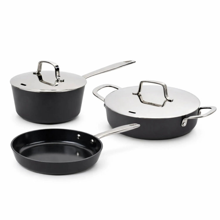 Alva Cookware 5-piece cookware set with pots and pans, stainless steel handles, suitable for all stove types.