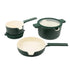 Alva Cookware 5-piece nesting set with stackable stainless steel pots and bowls, compact for easy storage.