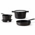 Alva Cookware 5-piece nesting set with stackable bowls and pots, featuring colorful silicone lids and stainless steel construction.