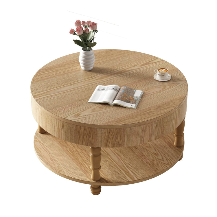 Round coffee table with lift-top wood storage from HouseOfZazla, featuring dual storage compartments and a sleek natural finish.
