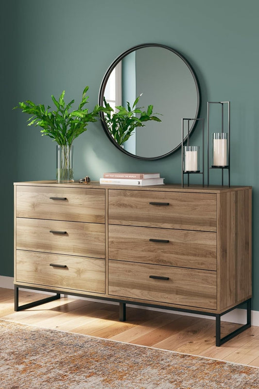 Mid-century modern 6-drawer dresser with pewter-finished handles