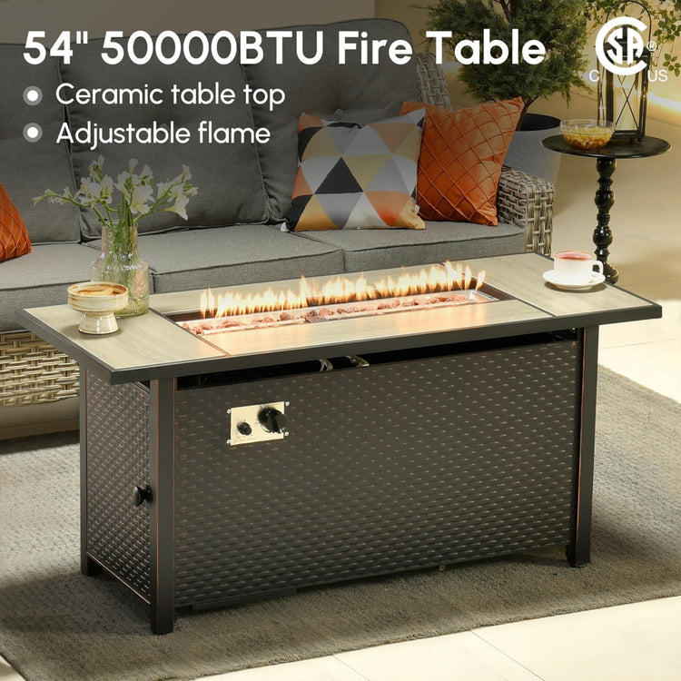 Outdoor patio furniture set with sofa and ottomans featuring a fire pit, stylish outdoor lounge by Lootquake LLC.