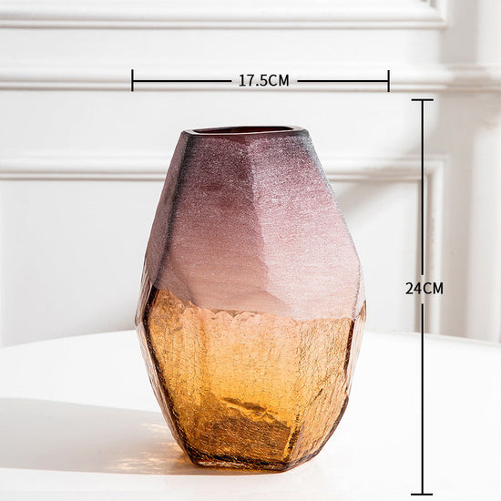 Set of three handmade blown glass vases by FLIPSTYLEZLLC with geometric faceted design and ombre purple amber finish for home decor.
