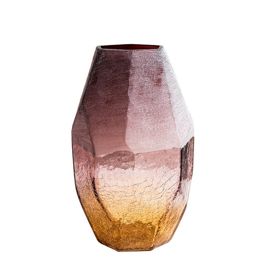 Set of three handmade blown glass vases with geometric faceted shapes, in ombre purple amber finish, for home decor display