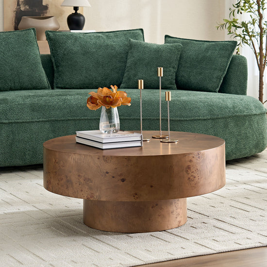 Round burl wood veneer coffee table with walnut pedestal base, 31.49 inches diameter, modern and stylish living room furniture.