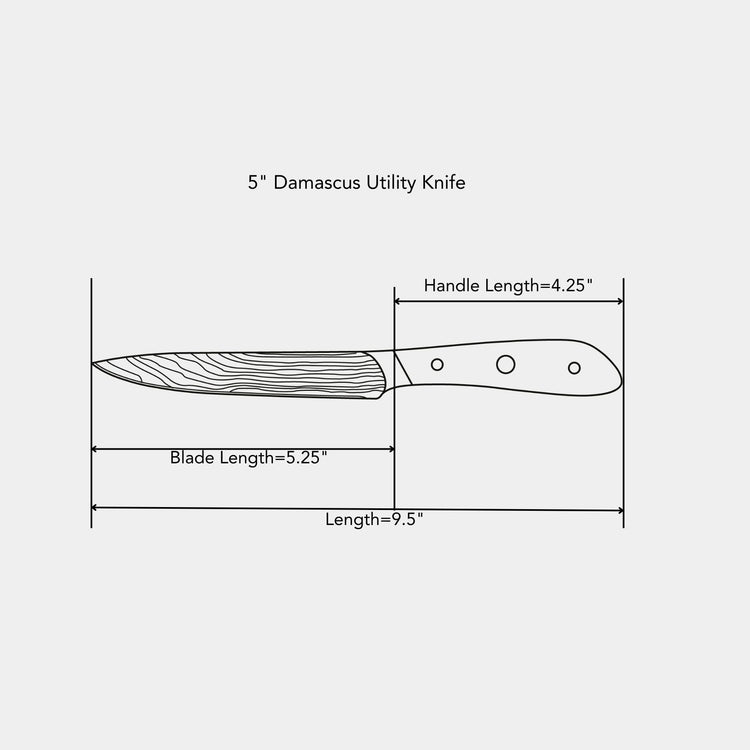 Swiss Diamond 5-inch Damascus utility knife with a sharp, patterned blade and ergonomic handle for precise cutting tasks.