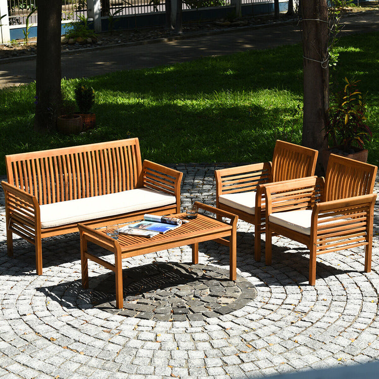 Modular acacia wood outdoor furniture set of 4 with patio seating, featuring natural wood finish and comfortable cushions.