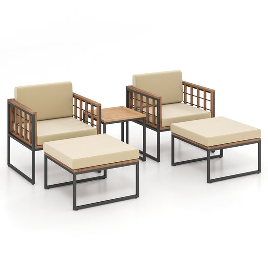 Five-piece outdoor chair set with acacia wood finish, includes armchairs, ottomans, and a coffee table for patio seating.